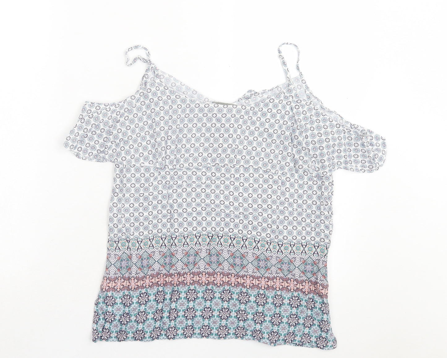 Oasis Womens Multicoloured Geometric Viscose Basic T-Shirt Size 10 Scoop Neck