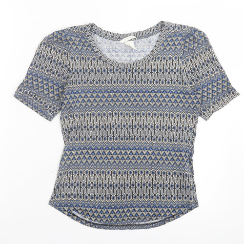 h7m Womens Blue Geometric Viscose Basic T-Shirt Size S Crew Neck