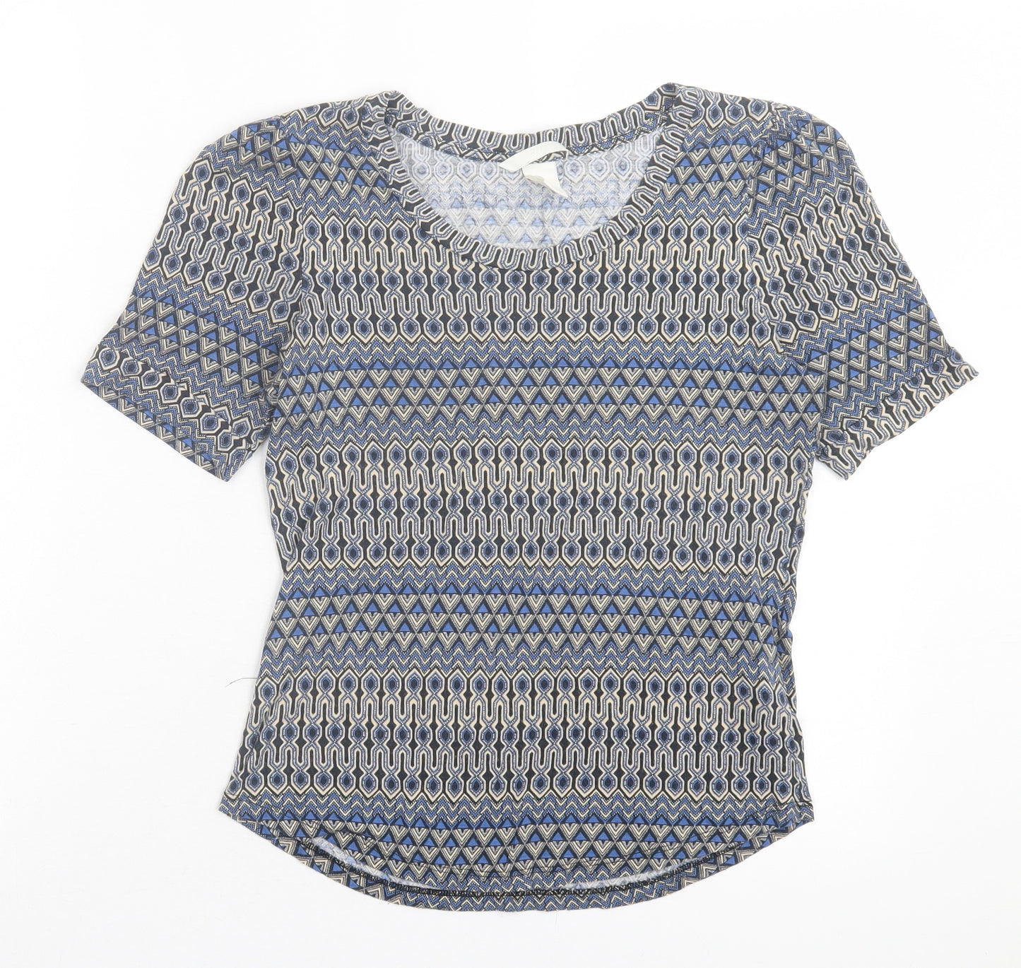 h7m Womens Blue Geometric Viscose Basic T-Shirt Size S Crew Neck