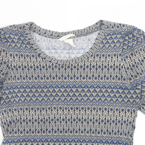 h7m Womens Blue Geometric Viscose Basic T-Shirt Size S Crew Neck