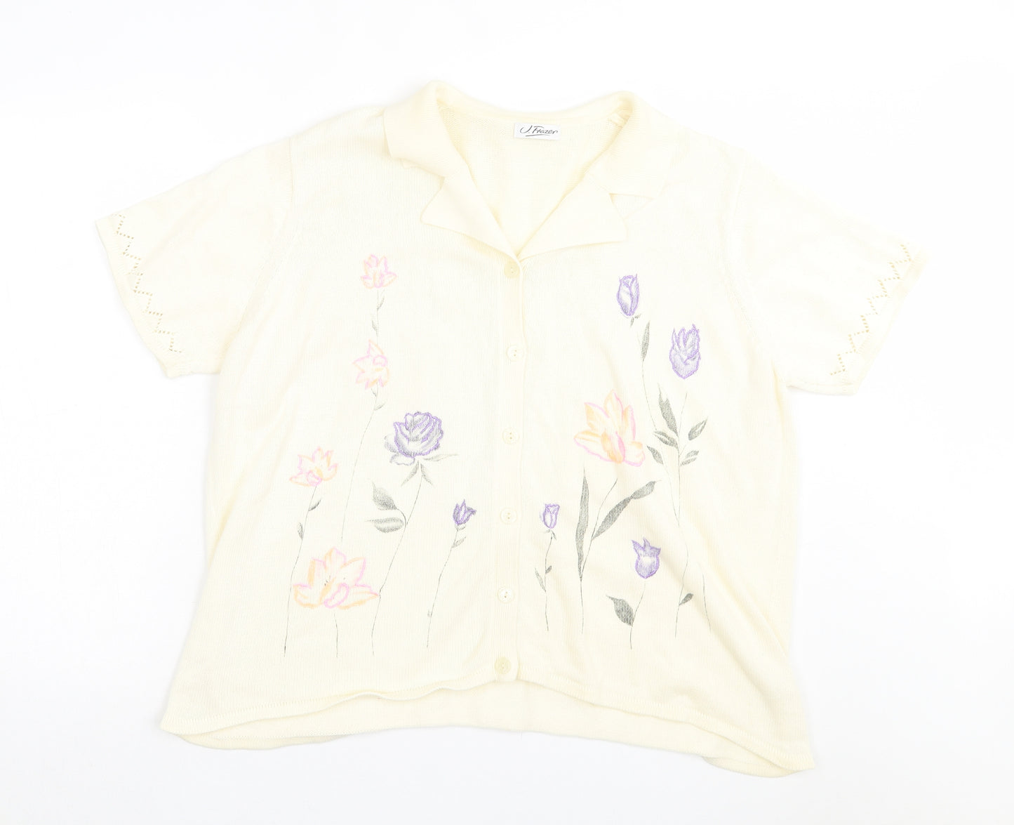 J.Frazer Womens Ivory V-Neck Floral Cotton Cardigan Jumper Size 22