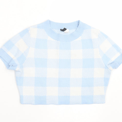 H&M Womens Blue Argyle/Diamond Acrylic Cropped T-Shirt Size S Crew Neck