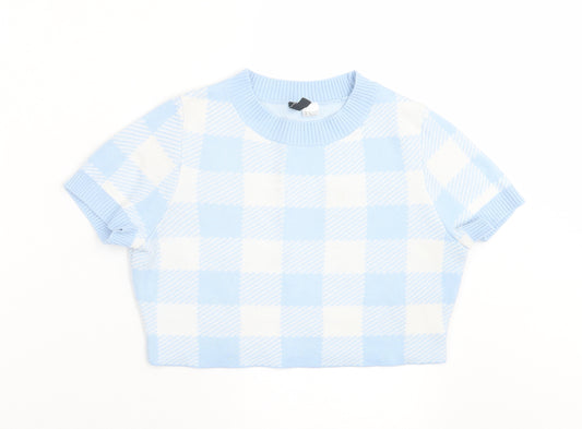 Front view of H&M women’s blue argyle/diamond acrylic cropped t-shirt, size S, crew neck