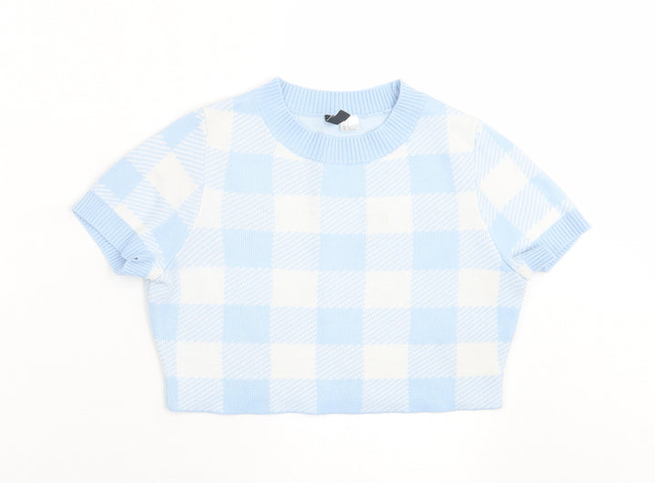H&M Womens Blue Argyle/Diamond Acrylic Cropped T-Shirt Size S Crew Neck