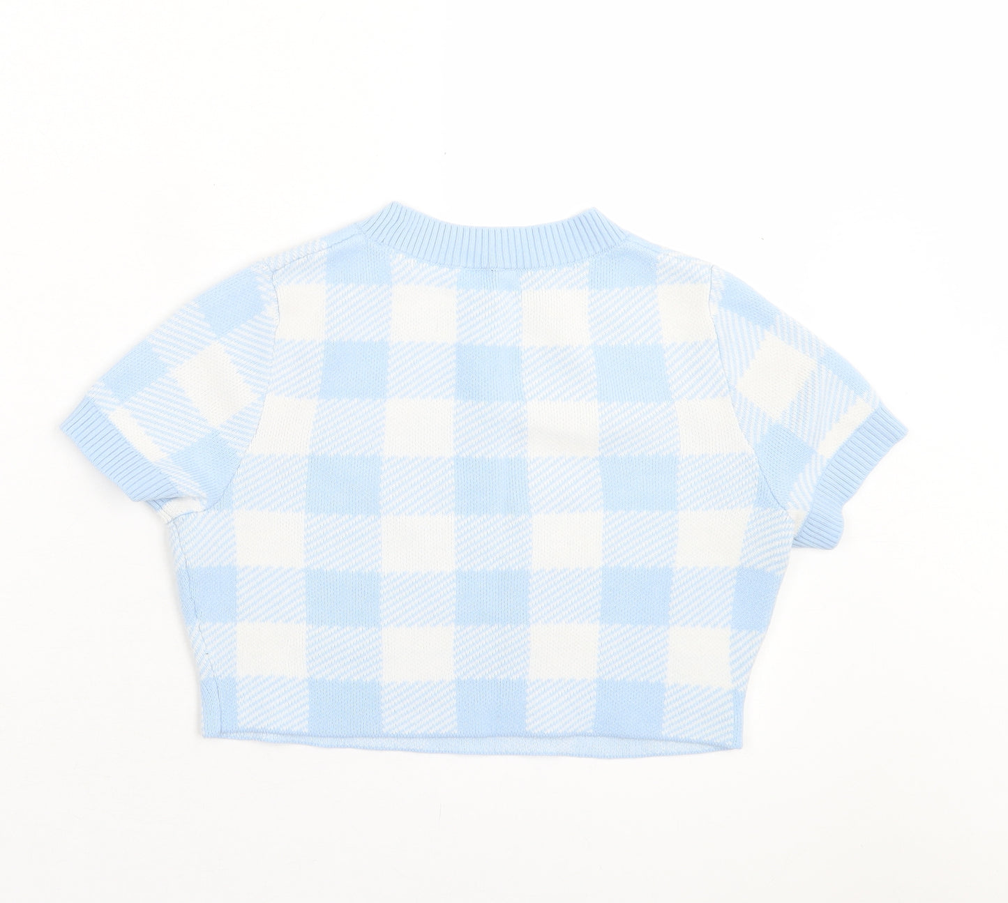 H&M Womens Blue Argyle/Diamond Acrylic Cropped T-Shirt Size S Crew Neck