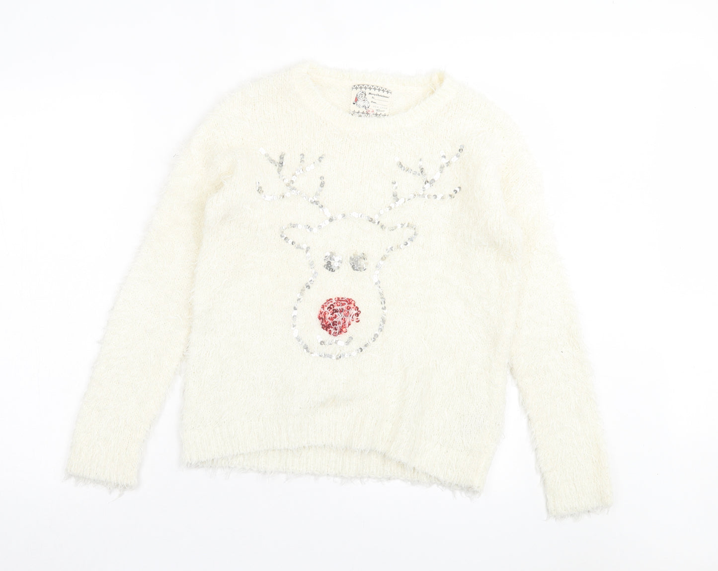 New Look Girls Ivory Crew Neck Acrylic Pullover Jumper Size 12-13 Years Pullover - Christmas Jumper Reindeer