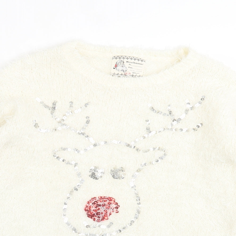 New Look Girls Ivory Crew Neck Acrylic Pullover Jumper Size 12-13 Years Pullover - Christmas Jumper Reindeer