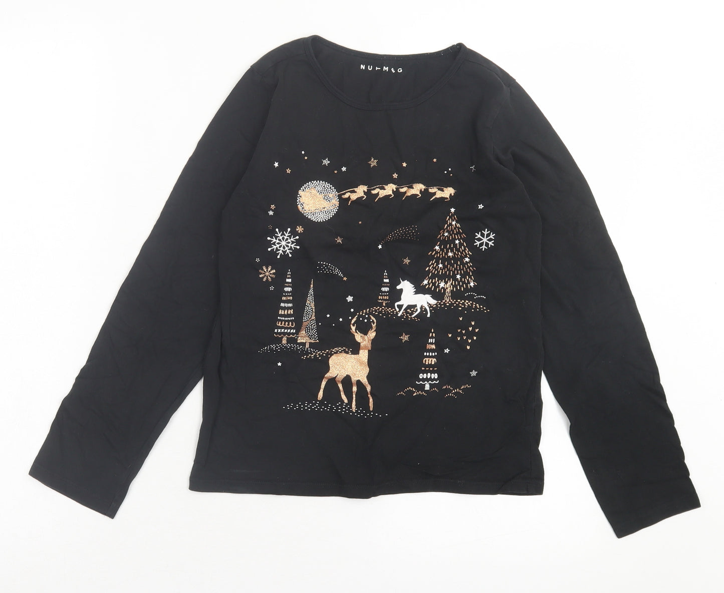 Nutmeg Girls Black Cotton Basic Casual Size 11-12 Years Crew Neck Pullover - Christmas Tee