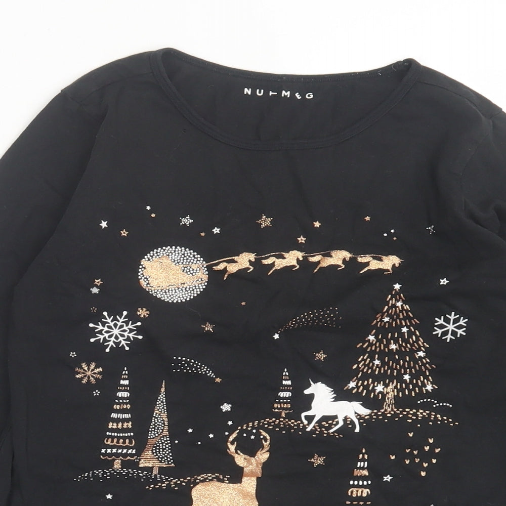 Nutmeg Girls Black Cotton Basic Casual Size 11-12 Years Crew Neck Pullover - Christmas Tee