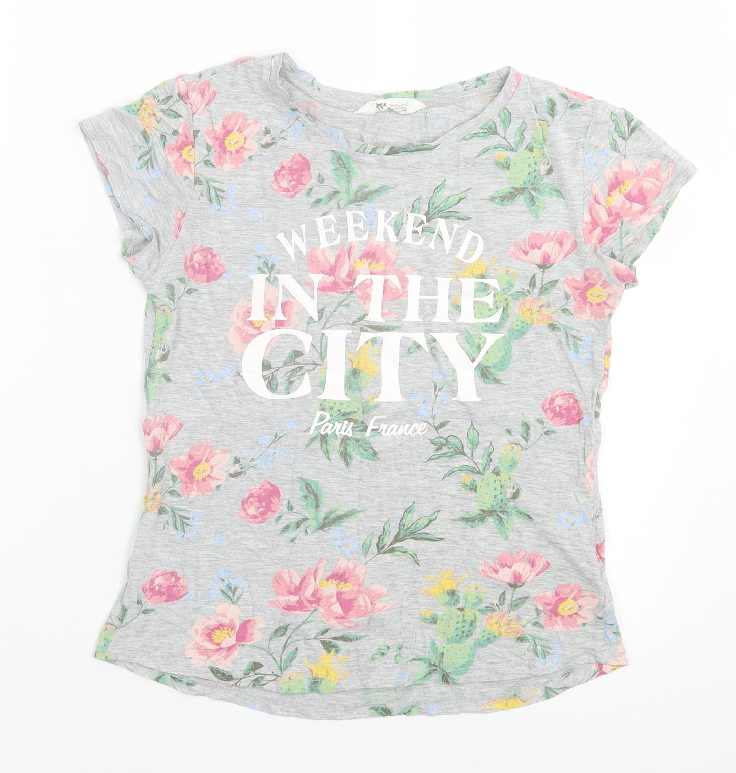 H&M Girls Grey Floral Cotton Basic T-Shirt Size 12-13 Years Crew Neck Pullover