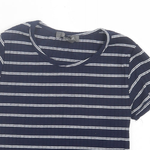Primark Womens Blue Striped Polyester Cropped T-Shirt Size 4 Crew Neck