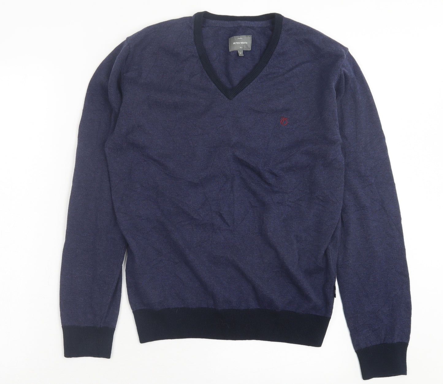 Peter Werth Mens Blue V-Neck Cotton Pullover Jumper Size M