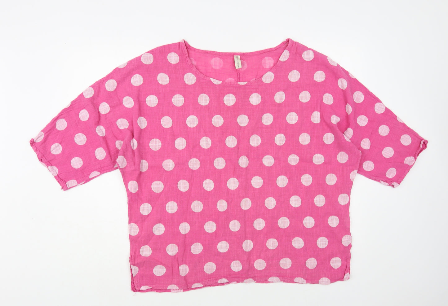 New Collection Womens Pink Polka Dot Cotton Basic Blouse Size L Boat Neck