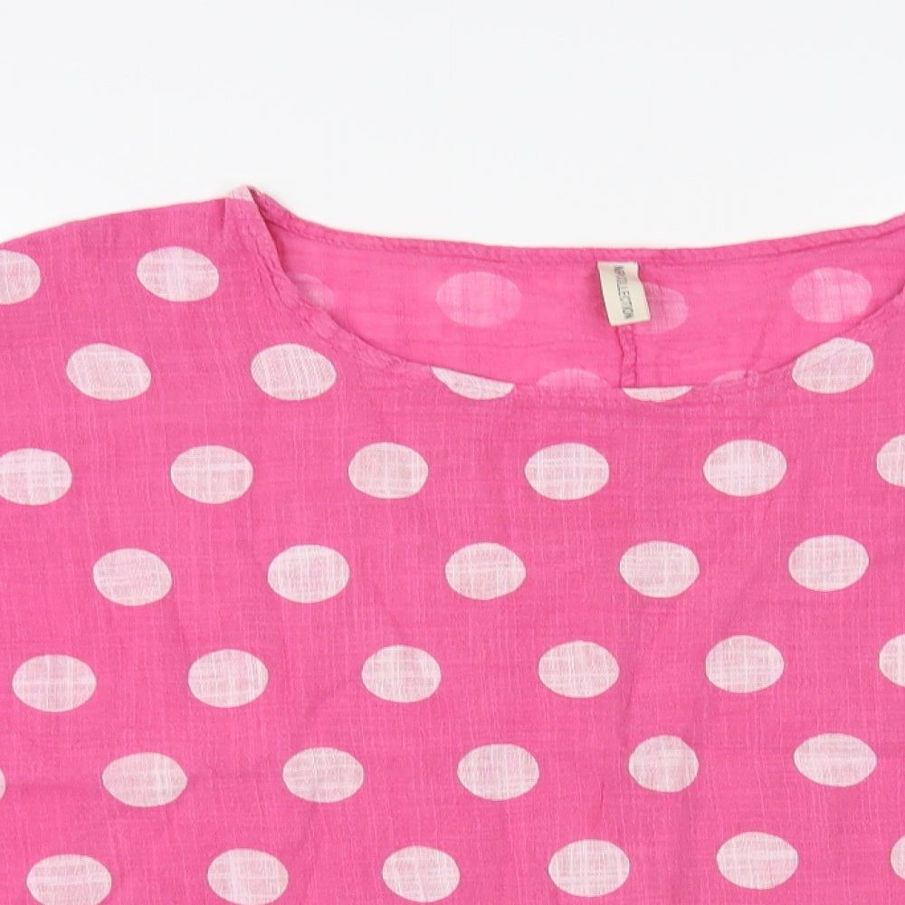 New Collection Womens Pink Polka Dot Cotton Basic Blouse Size L Boat Neck