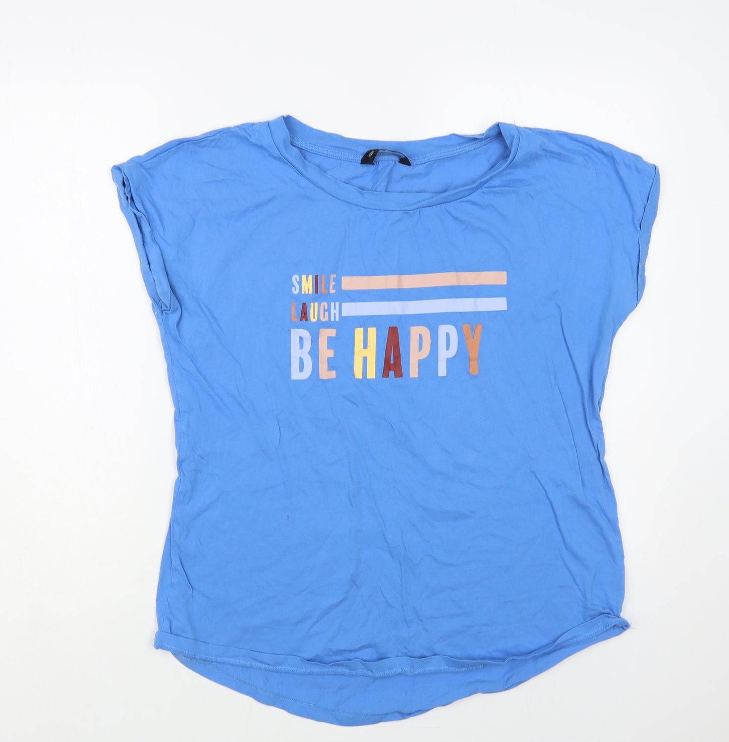 F&F Womens Blue Cotton Basic T-Shirt Size 14 Boat Neck - Be Happy