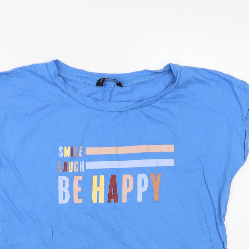 F&F Womens Blue Cotton Basic T-Shirt Size 14 Boat Neck - Be Happy