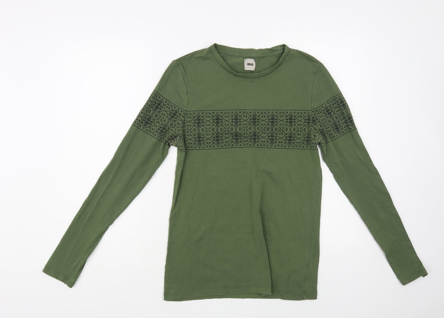 ASOS Mens Green Geometric Cotton T-Shirt Size S Crew Neck