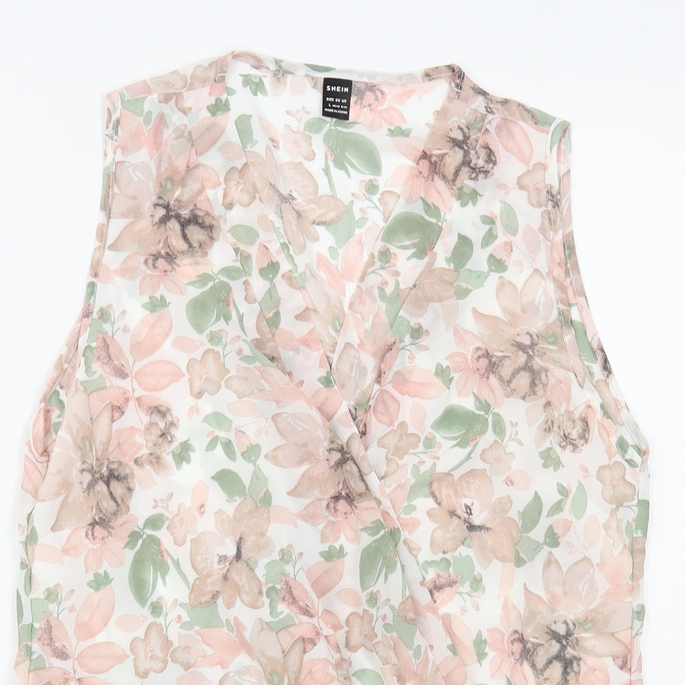 SheIn Womens White Floral Polyester Basic Blouse Size L V-Neck