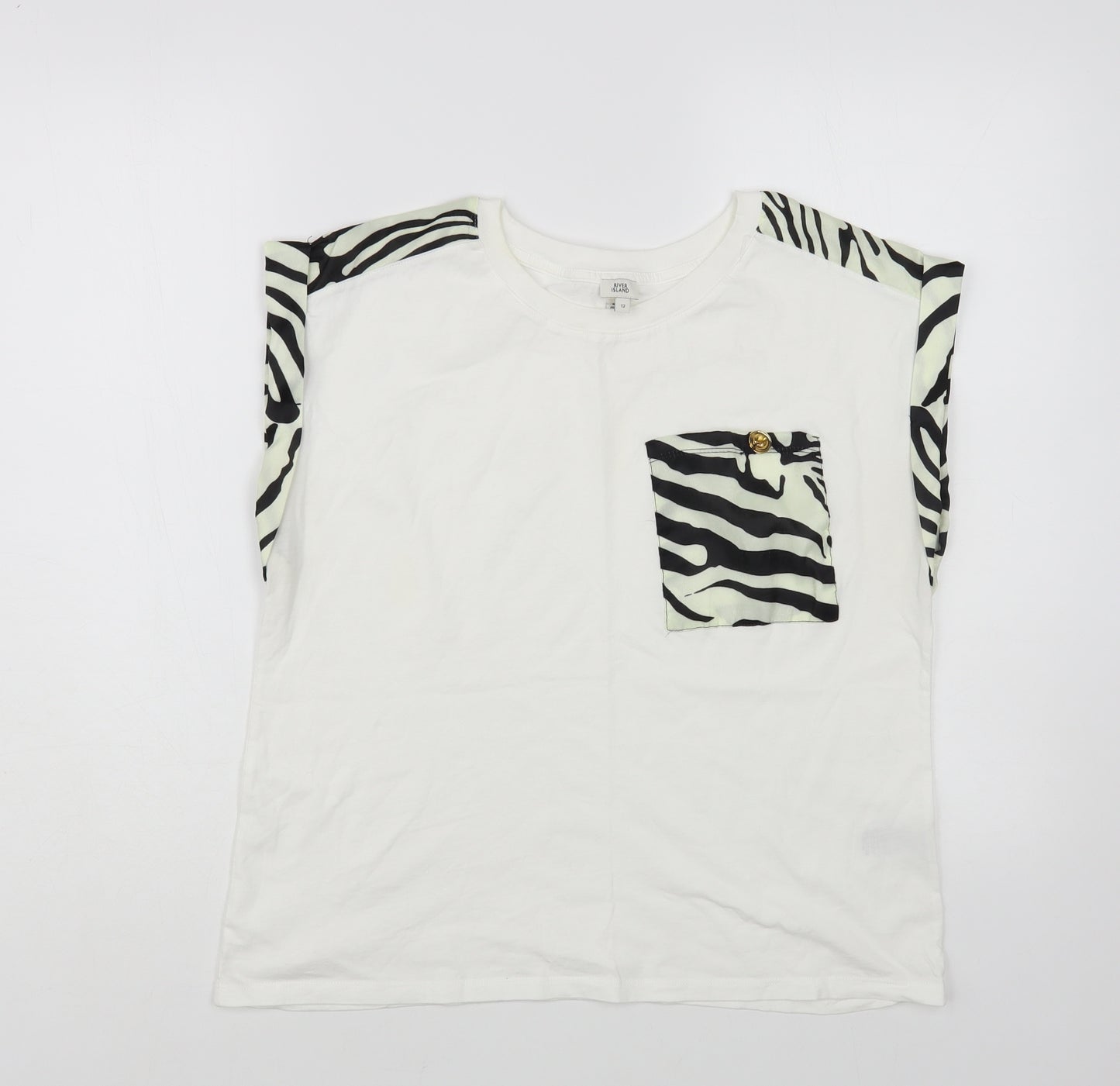 River Island Womens White Animal Print Cotton Basic T-Shirt Size 12 Crew Neck