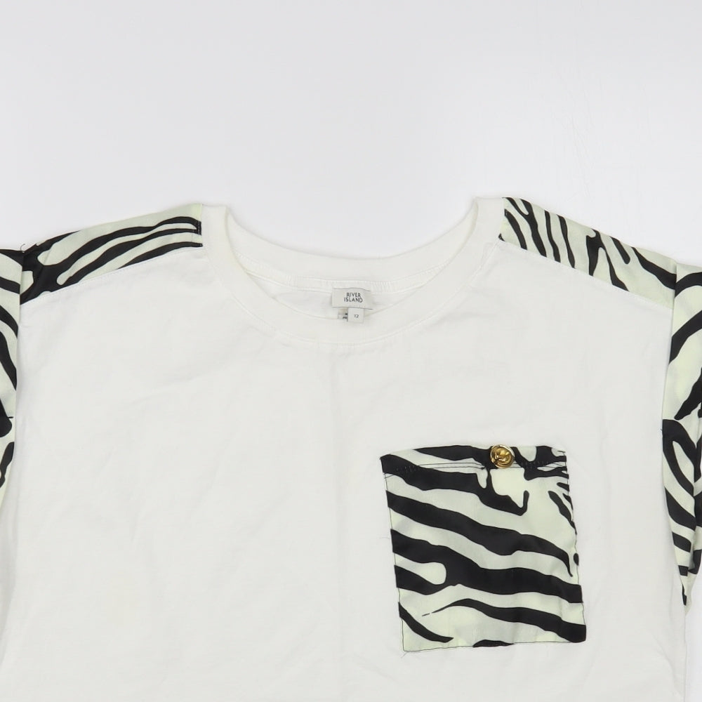 River Island Womens White Animal Print Cotton Basic T-Shirt Size 12 Crew Neck