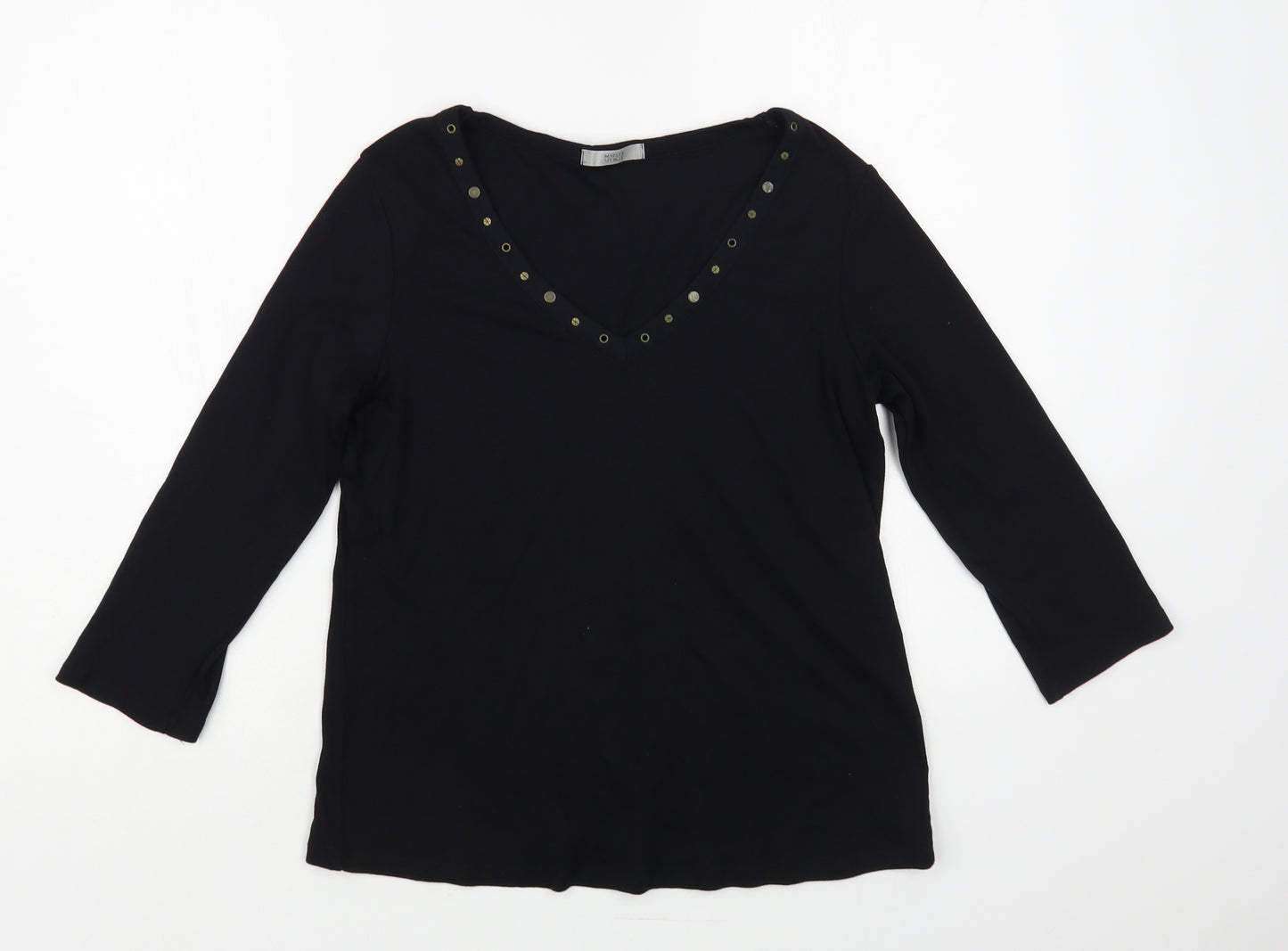 Marks and Spencer Womens Black Cotton Basic T-Shirt Size 14 V-Neck