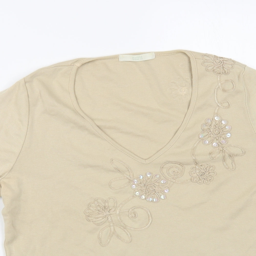 Marks and Spencer Womens Beige Cotton Basic T-Shirt Size 14 V-Neck