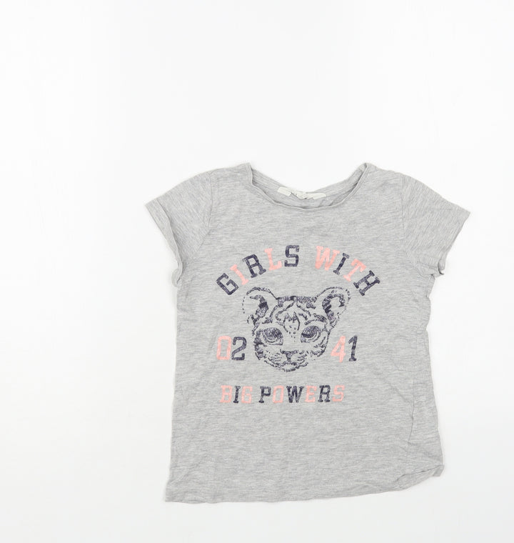H&M Girls Grey Cotton Pullover T-Shirt Size 6-7 Years Crew Neck Pullover