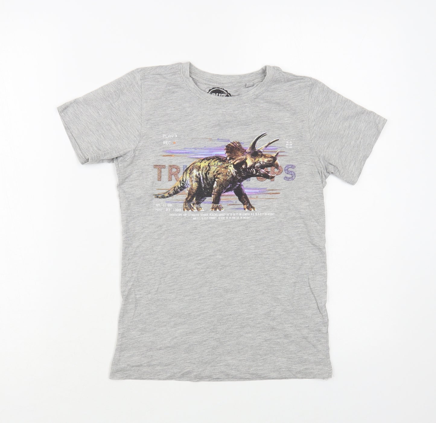 Blue Zoo Boys Grey Cotton Pullover T-Shirt Size 7-8 Years Crew Neck Pullover - Dinosaur