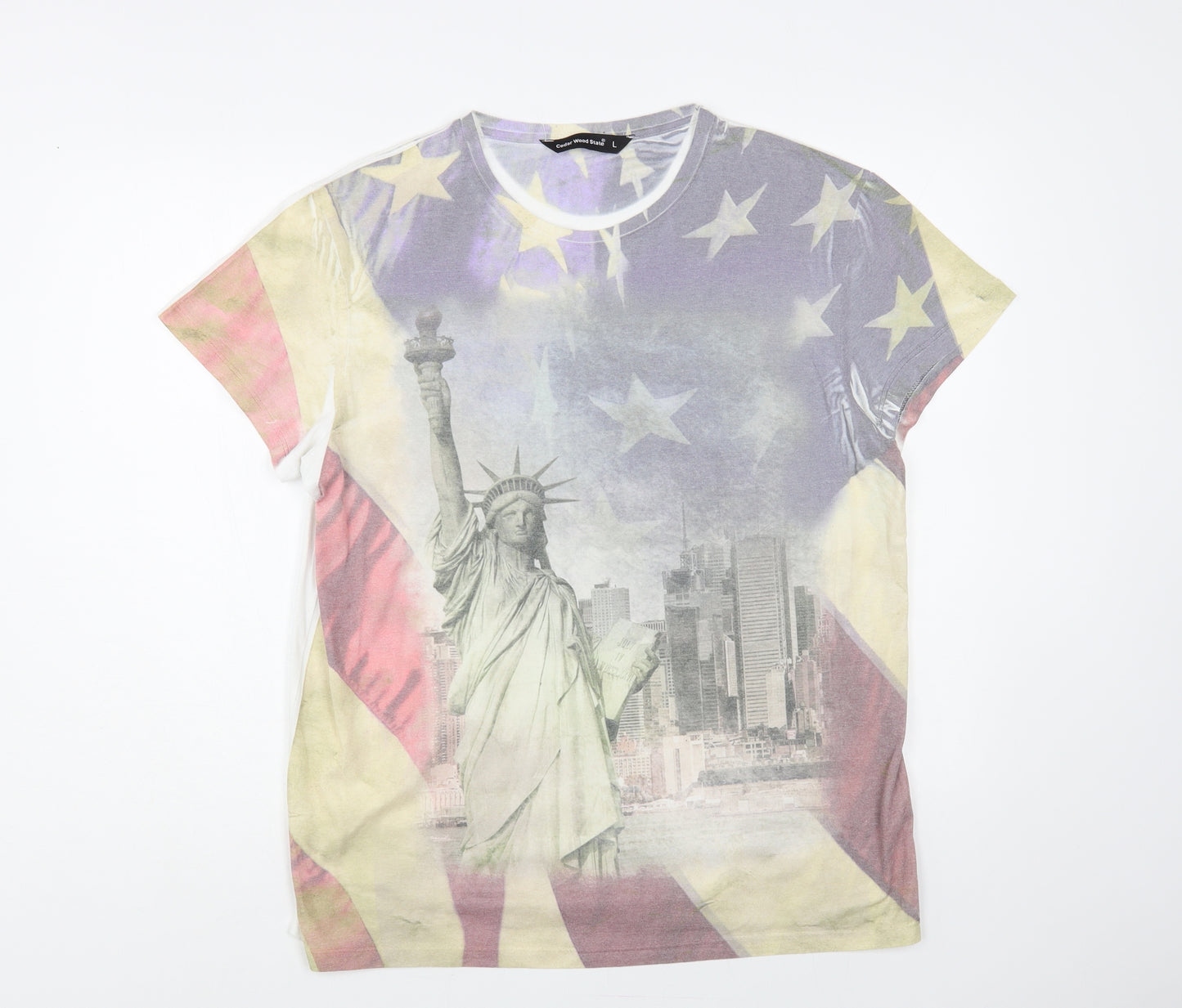 Cedar Wood State Mens Multicoloured Polyester T-Shirt Size L Crew Neck