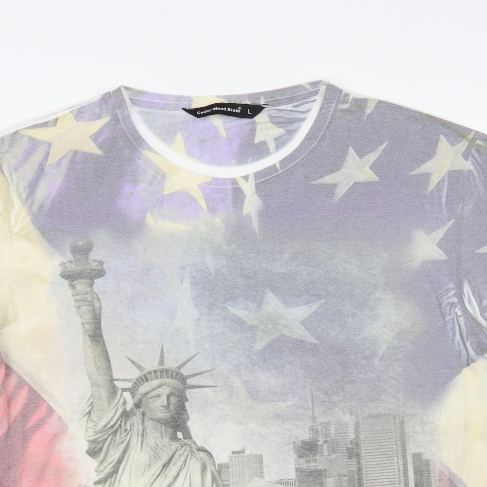Cedar Wood State Mens Multicoloured Polyester T-Shirt Size L Crew Neck