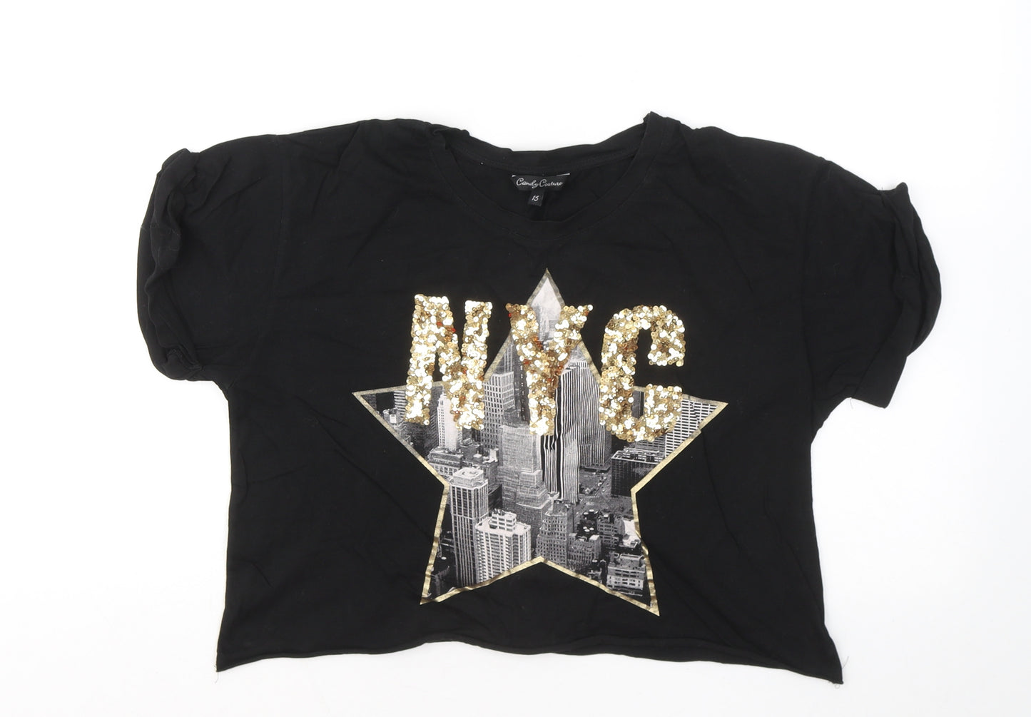 Candy Couture Girls Black Cotton Basic T-Shirt Size 15 Years Round Neck - NYC