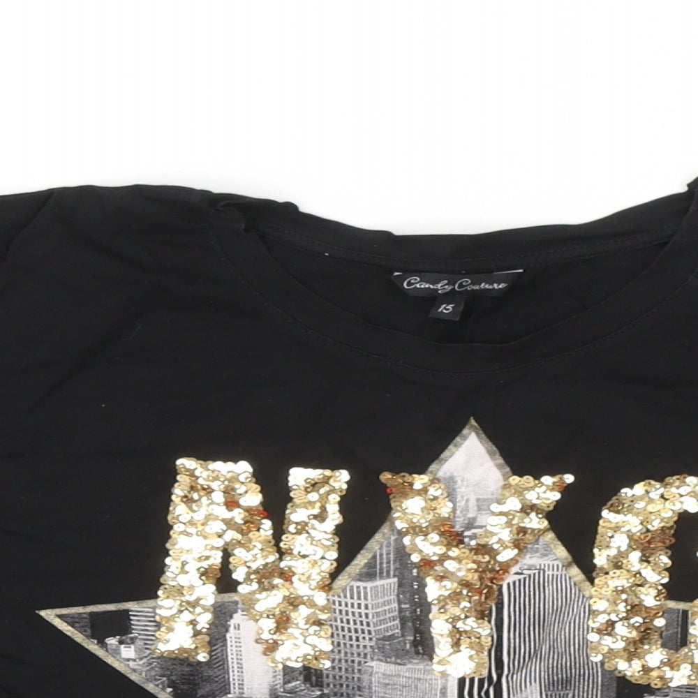 Candy Couture Girls Black Cotton Basic T-Shirt Size 15 Years Round Neck - NYC