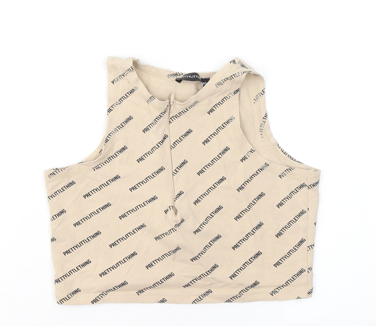 PRETTYLITTLETHING Womens Beige Geometric Cotton Basic T-Shirt Size 6 Round Neck