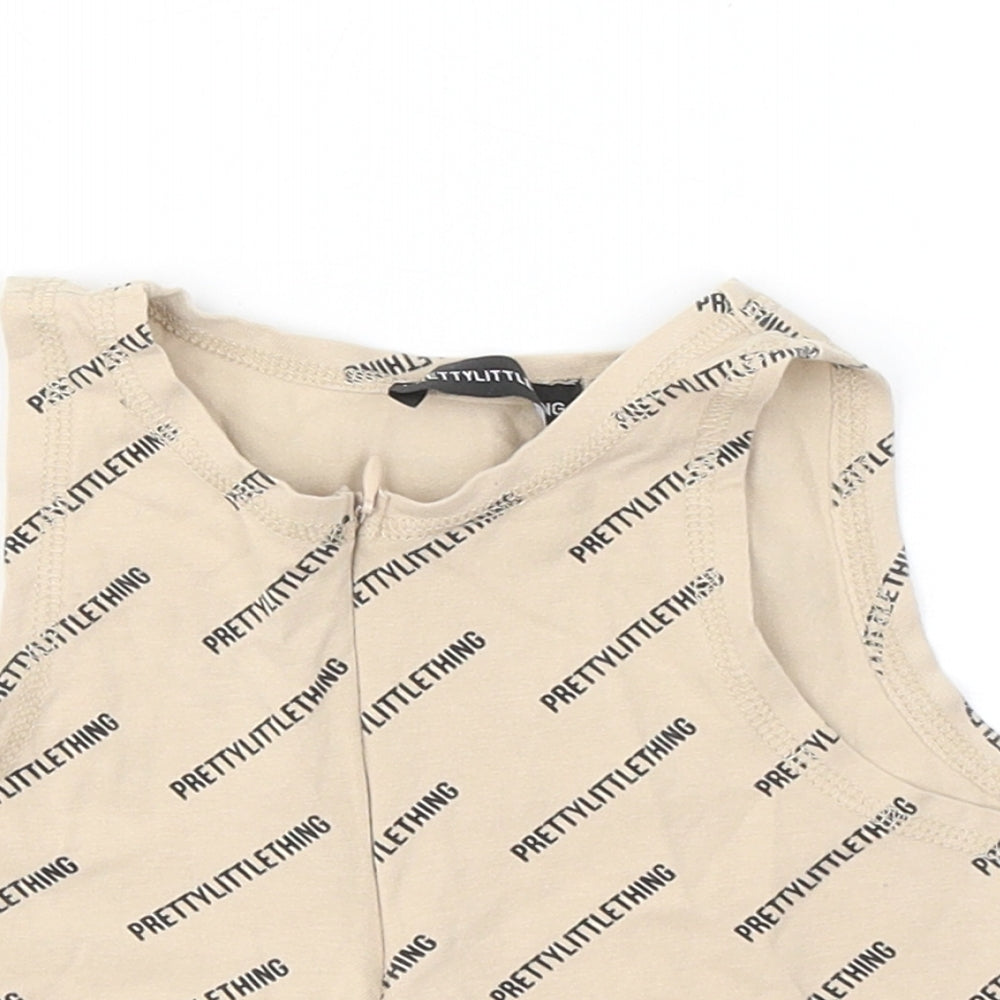 PRETTYLITTLETHING Womens Beige Geometric Cotton Basic T-Shirt Size 6 Round Neck