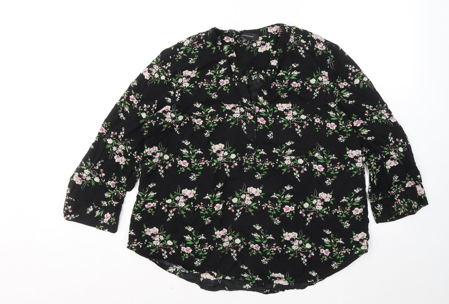 Atmosphere Womens Black Floral Viscose Basic Button-Up Size 14 V-Neck