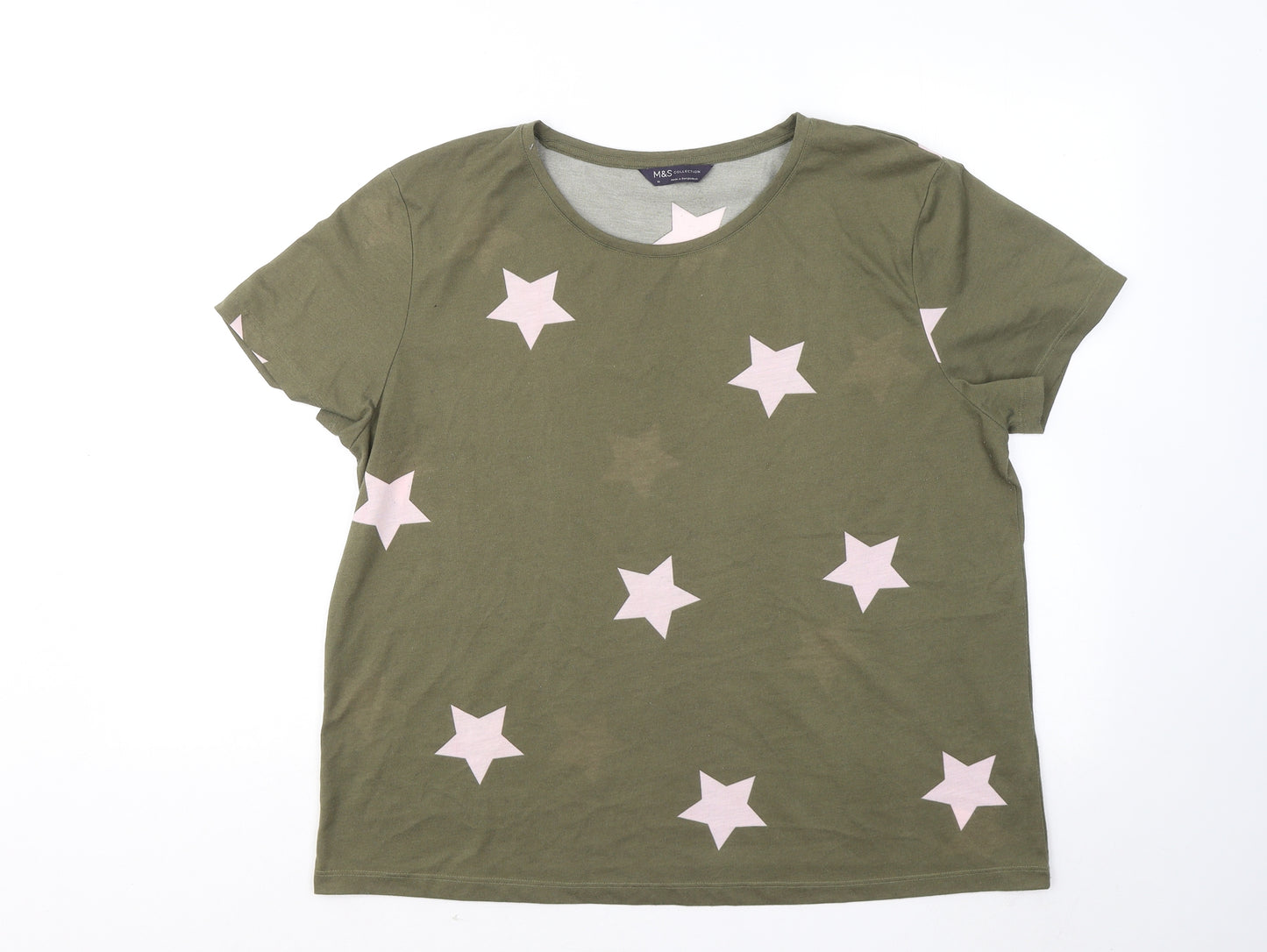 Marks and Spencer Womens Green Geometric Cotton Basic T-Shirt Size 16 Round Neck - Stars