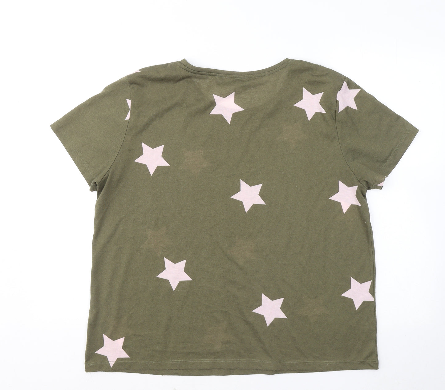 Marks and Spencer Womens Green Geometric Cotton Basic T-Shirt Size 16 Round Neck - Stars