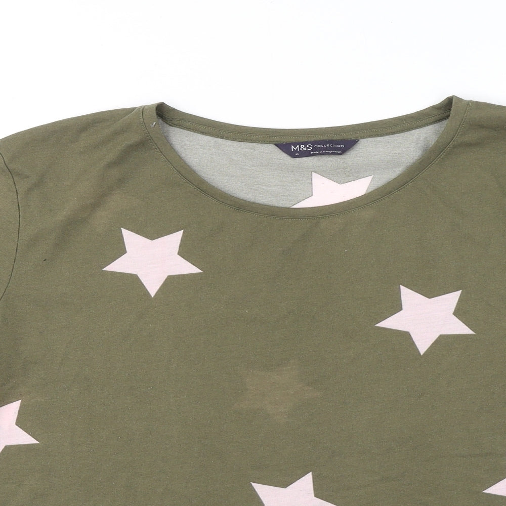 Marks and Spencer Womens Green Geometric Cotton Basic T-Shirt Size 16 Round Neck - Stars