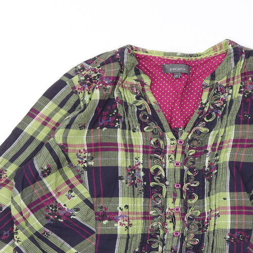 Marks and Spencer Womens Green Plaid Cotton Basic Blouse Size 14 V-Neck - Flowers