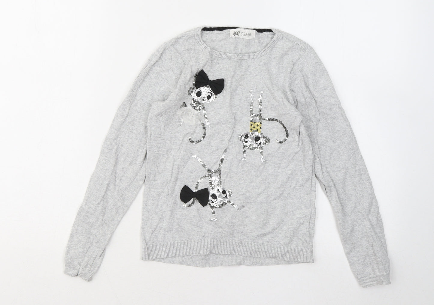 H&M Girls Grey Round Neck Cotton Pullover Jumper Size 6-7 Years - Monkeys
