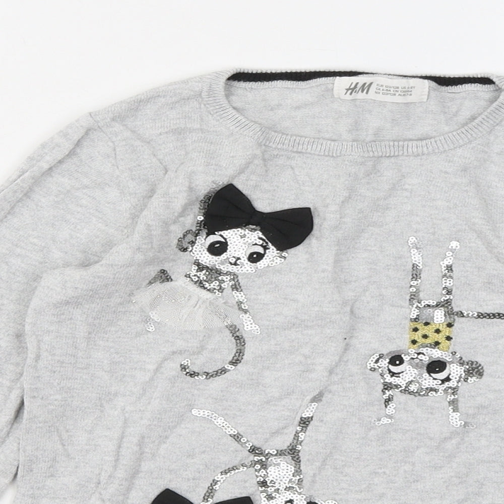 H&M Girls Grey Round Neck Cotton Pullover Jumper Size 6-7 Years - Monkeys