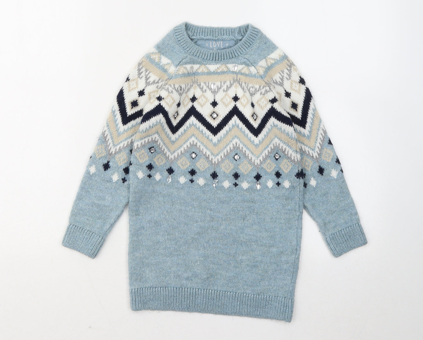 TU Girls Blue Round Neck Geometric Acrylic Pullover Jumper Size 5 Years