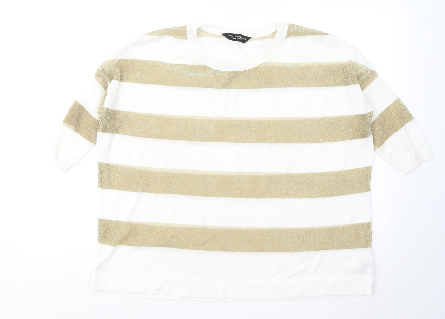 Dorothy Perkins Womens Gold Striped Polyester Basic T-Shirt Size M Round Neck