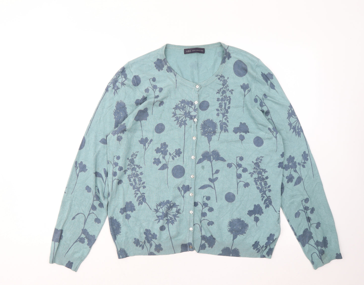 Marks and Spencer Womens Blue Round Neck Floral Viscose Cardigan Jumper Size 16