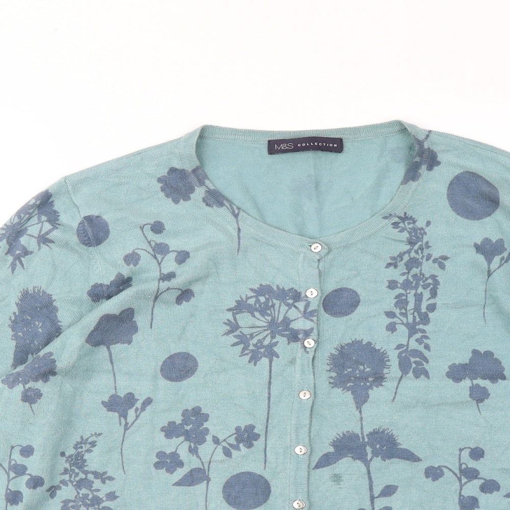 Marks and Spencer Womens Blue Round Neck Floral Viscose Cardigan Jumper Size 16