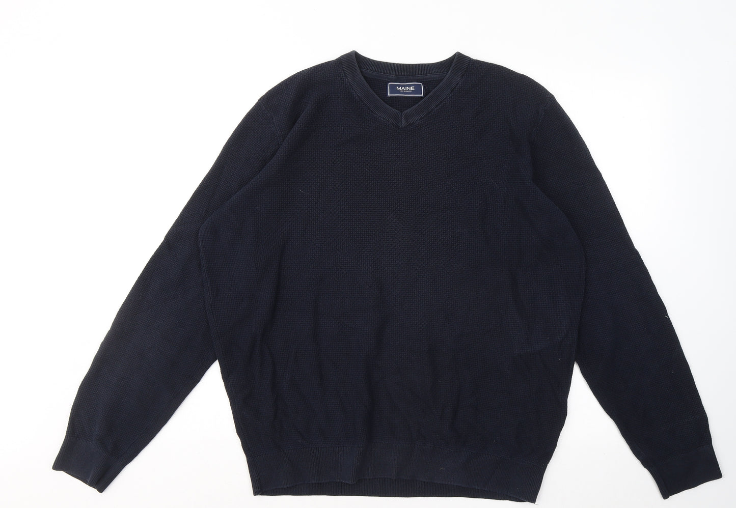 Maine Mens Blue V-Neck Cotton Pullover Jumper Size L