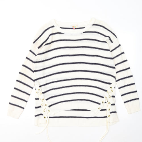 Lottie Womens White Round Neck Striped Acrylic Pullover Jumper Size 12