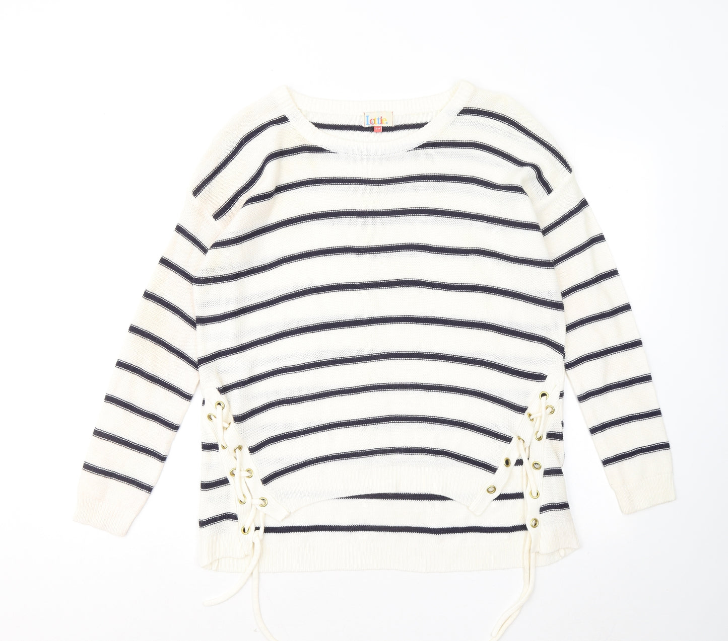 Lottie Womens White Round Neck Striped Acrylic Pullover Jumper Size 12