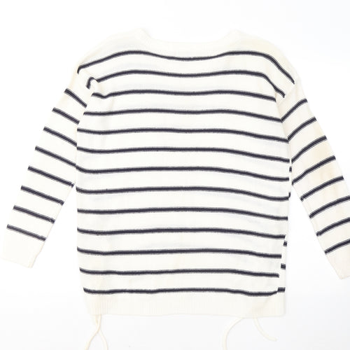 Lottie Womens White Round Neck Striped Acrylic Pullover Jumper Size 12