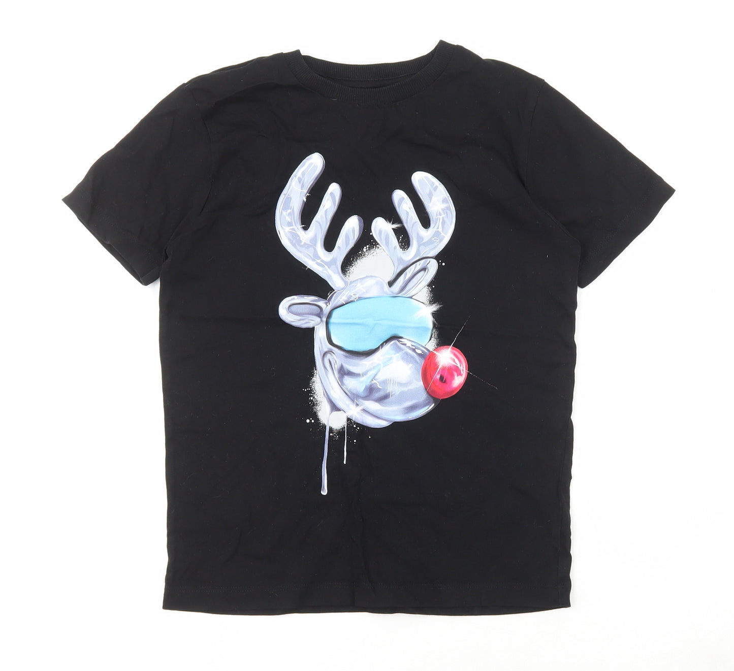 NEXT Boys Black Cotton Basic T-Shirt Size 8 Years Round Neck - Reindeer